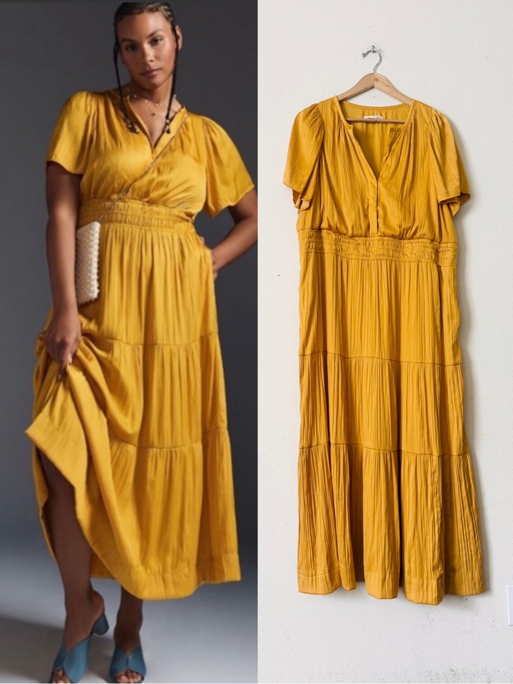 Anthropologie 2X The Somerset short sleeve tiered maxi dress in satin gold